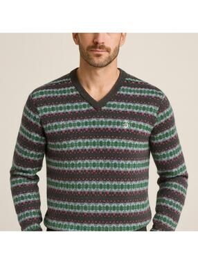 Original Penguin V-Neck Sweater - Charcoal, Teal, Magenta Stripes